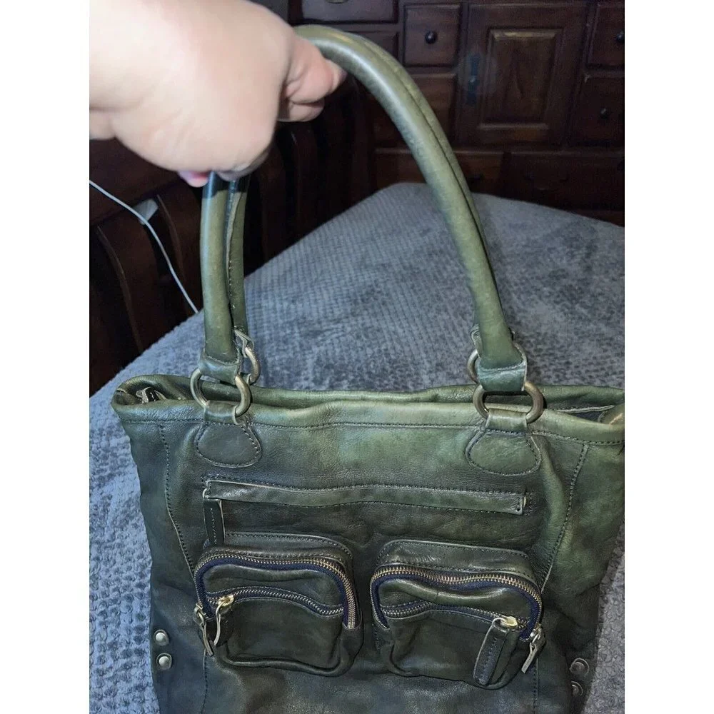 J. CREW Leather Jericho Large Olive Soft Leather Boho Tote Bag Purse Top Handle